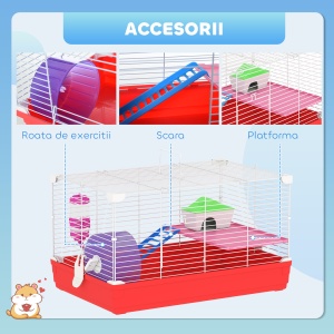 Cusca pentru Hamsteri cu 2 Nivele din Metal si PP cu Casuta, Rezervor de apa, Roti si Farfurioare, 47x30x27 cm, Rosu si Alb - Img 6