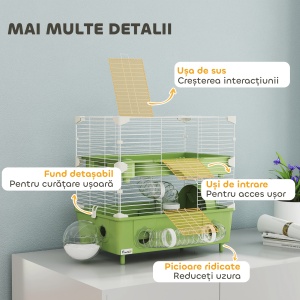 Cușcă pentru Hamsteri cu 2 Nivele și 3 Uși cu Roată și Tuburi, din Oțel, PS și PP, 44.5x28x44 cm, Verde și Alb - Img 6