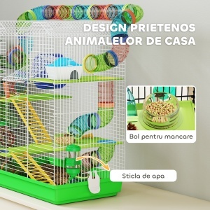 Cușcă pentru Hamsteri cu 5 Niveluri, Tuburi Colorate, Roată, Căsuță și Accesorii, 47x30x59 cm, Verde - Img 5