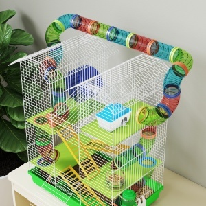 Cușcă pentru Hamsteri cu 5 Niveluri, Tuburi Colorate, Roată, Căsuță și Accesorii, 47x30x59 cm, Verde - Img 8