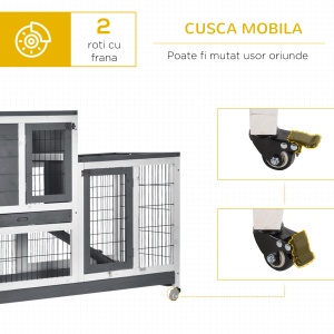 Cușcă pentru Iepuri din Lemn de Brad cu Roți, Tăvi Detașabile și Căsuță cu Rampă, 110x50x88 cm, Gri și Alb - Img 7