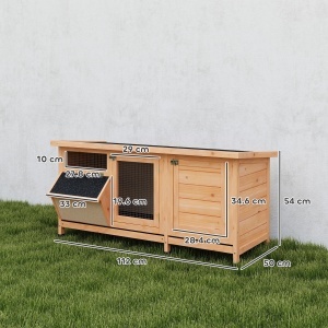 Cușcă pentru Iepuri din Lemn de Exterior cu Acoperiș din Asfalt, Căsuță cu Uși, Tăvi Detașabile și Hrănitoare, 112x50x54 cm, Galben - Img 3