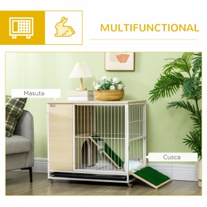 Cusca pentru iepuri mobilier cu roti, Cusca pentru iepurasi masa laterala cu tavita detasabila, acces prin partea superioara, 78 x 52.5 x 76.5 cm, stejar - Img 4