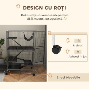 Cușcă pentru Rozătoare cu 4 Intrări la Nivele Multiple cu Hamac, din Metal și PP, 80x52x128 cm, Argintiu și Gri - Img 5