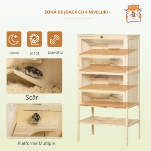 Cusca pentru Rozitori si Hamsteri cu 4 Rafturi cu Acoperis Trapa in Lemn 60x40x120cm - Img 4