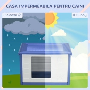 Cușcă Ridicată pentru Câini de Talie Mică cu Intrare și 2 Deschideri Laterale, Cușcă de Exterior Antiderapantă din Polietilenă, Ușor de Curățat, 60x42x40 cm, Albastru și Alb - Img 6