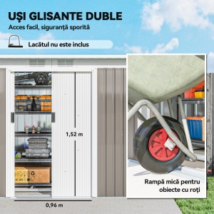 Depozit de Grădină din Oțel cu 2 Orificii de Aerisire și 2 Uși Glisante, 280x130x172 cm, Gri Deschis - Img 5