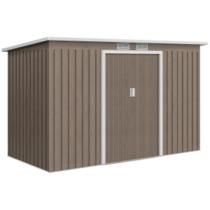 Depozit de Grădină din Oțel cu 2 Ventilații și 2 Uși Glisante, 280x130x172 cm, Maro Lemn - Img 1