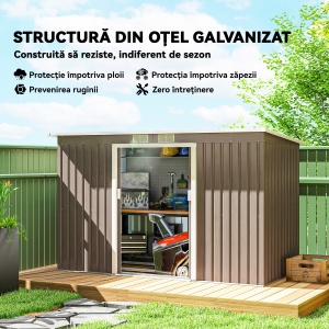 Depozit de Grădină din Oțel cu 2 Ventilații și 2 Uși Glisante, 280x130x172 cm, Maro Lemn - Img 4