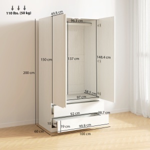Dulap alb cu cuier pentru haine si 2 sertare glisante pentru dormitor din PAL, 100x60x200 cm - Img 3