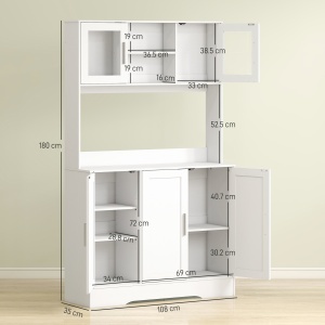 Dulap Bucătărie de 180cm, Dulap Înalt cu 4 Compartimente, Uși din Sticlă Securizată, 2 Rafturi Deschise, Rafturi Reglabile, Blat pentru Electrocasnice, pentru Bucătărie sau Living, Alb - Img 3
