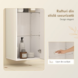 Dulap de Baie Suspendat cu Ușă Fără Mâner, 2 Rafturi Reglabile din Sticlă, Mobilier Suspendat Multifuncțional, 30x23,4x71,2 cm, Alb Lucios - Img 6