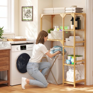 Dulap de deasupra Mașinii de Spălat din Bambus cu 7 Rafturi Reversibile, Dulap Compact cu Spațiu Reglabil, pentru Depozitare și Organizare, pentru Baie sau Spălătorie, 100x40x157 cm, Culoare Lemn - Img 8