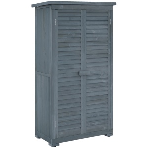 Dulap de grădină pentru unelte din lemn, 2 rafturi, acoperiș bituminos, uși cu obloane, 87 x 47 x 160 cm, gri - Img 1