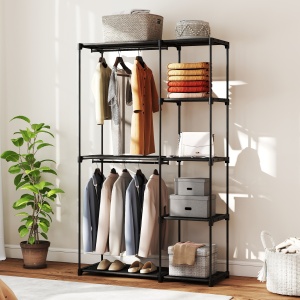 Dulap de Haine Portabil cu 2 Bare și 6 Rafturi, Dulap din Material Textil Non-Țesut, Plastic și Oțel, 111x43x185 cm, Negru - Img 9