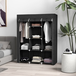 Dulap din Material Textil cu Bază Înălțată, 8 Rafturi și 2 Bare, 125x43x162.5 cm, Gri Închis - Img 2