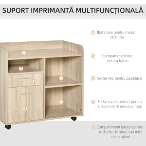 Dulap Imprimantă Birou Multifuncțional 80x40x72 cm, Dulap Joasă cu Sertare, Rafturi, 4 Roți, Culoare Stejar - Img 5
