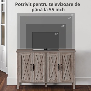 Dulap în Stil Rustic cu 2 Rafturi Reglabile pentru Depozitare, Dulap pentru TV cu 4 Uși, 120x37x75 cm, Gri - Img 6