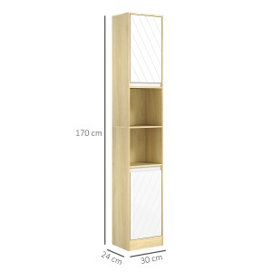 Dulap Înalt de Baie Spațios, Mobilier de Baie cu 2 Dulapuri și Rafturi Reglabile, 30x24x170 cm, Lemn Natural - Img 3