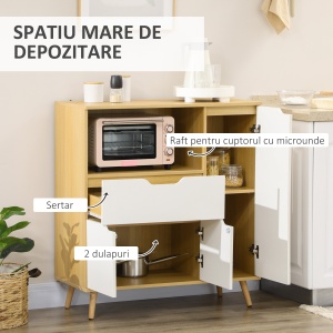 Dulap pentru Cuptor cu Microunde din PAL cu Raft deschis, doua Dulapioare si un Sertar, 90x40x98.5cm Alb si Lemn natur - Img 4