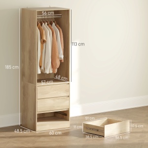 Dulap pentru Haine cu Bara pentru Umerase, Raft Deschis si 3 Sertare, 60x48.5x185 cm, Maro - Img 3