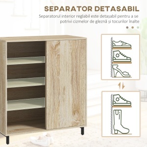Dulap pentru Pantofi pe 4 Niveluri din PAL și Oțel cu Ușă Glisantă și Rafturi Reglabile, 80x40x93 cm, Lemn Natural - Img 6