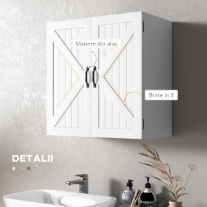 Dulap Rustic de Perete pentru Baie, cu Uși în Stil X și Raft Reglabil, Depozitare pentru Baie, Bucătărie sau Hol, Rezistent la Apă,60x30x60 cm - Img 6
