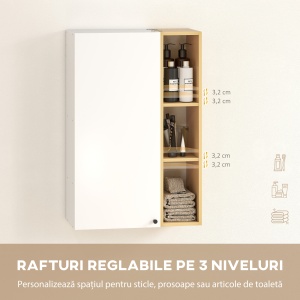 Dulap Suspendat pentru Baie cu Rafturi Reglabile și 3 Polițe Deschise, 59,5x30x90 cm, Alb și Lemn - Img 5