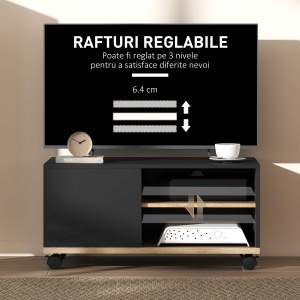 Dulap TV 42" Max cu 2 Rafturi deschise si Usa, din PAL cu Roti, 80x45x39.5 cm, Negru - Img 6
