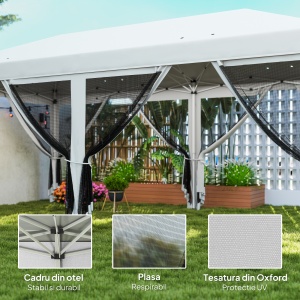 Foisor Pliabil cu 6 Perdele Plasa de Tantari, Foisor de Gradina cu Structura din Otel, 585x295x270cm, Alb Crem - Img 4