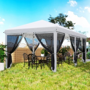 Foisor Pliabil cu 6 Perdele Plasa de Tantari, Foisor de Gradina cu Structura din Otel, 585x295x270cm, Alb Crem - Img 9