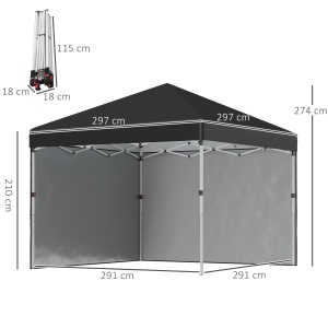 Foisor Pop Up 3 x 3 (M) cu 2 pereti laterali, Saci de greutati pentru picioare si geanta de transport, Cort de petreci pentru evenimente in gradina, curte cu inaltime ajustabila, Negru - Img 3