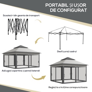 Foișor Pop Up Reglabil în Înălțime cu Plasă și Geantă de Transport, 326x326x272 cm, Bej - Img 4