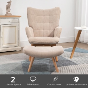 Fotoliu cu Taburet pentru Cameră sau Living din Catifea cu Model Crestat , Spătar Înalt și Brațe, 72x80x101 cm, Bej - Img 6