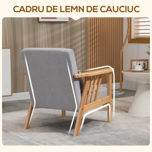 Fotoliu modern cu husa din catifea si structura din lemn, fotoliu pentru dormitor si sufragerie cu perna suplimentara, 68x75x78cm, gri - Img 5