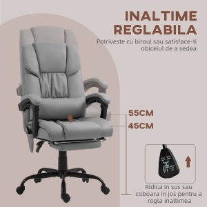 Fotoliu Reglabil pe Înălțime cu Tetieră și Suport pentru Picioare din Piele Artificială, 66x75x112-122 cm, Gri - Img 4