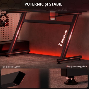 Gaming Desk, Masă Gaming cu Management Cabluri, Suport Pahare și Cârlig pentru Căști, Negru, 120×65×74,5 cm - Img 4
