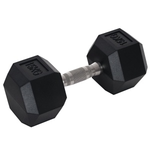 Ganteră Hexagonală de 15 kg, cu Prindere Antiderapanta, Greutate pentru Brațe din Oțel și Cauciuc, Ø15.5x33.6 cm, Negru