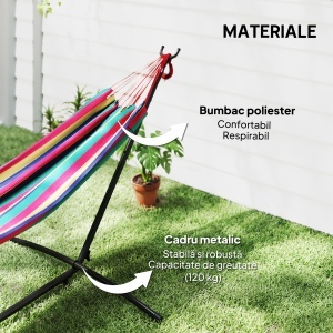 Hamac cu Suport 310x117cm pentru Camping cu Înălțime Reglabilă și Geantă de Transport, Capacitate 120 kg, Dungi Portocaliu și Roșu - Img 5
