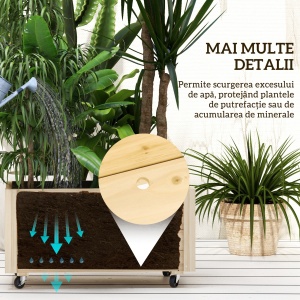 Jardinieră de Gradină cu Orificiu de Drenaj și Căptușeală, Jardinieră din Lemn de Brad cu Roți, 89x48x47 cm, Lemn Natural - Img 6