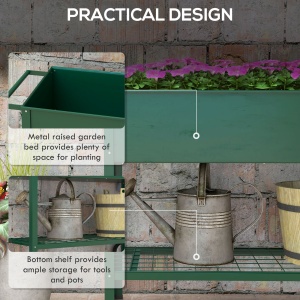 Jardinieră Exterioară cu Raft Inferior pentru Unelte, Jardinieră Metalică cu 2 Roți și Mâner, 109x44x80 cm, Verde - Img 5
