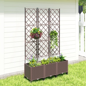 Jardinieră Înălțată cu Grilaj 130L, Pat pentru Grădină Înălțat de Exterior cu Roți Blocabile, Sistem de Autoirigare, Găuri de Drenaj pentru Plante Cățărătoare, Legume, Flori, Maro - Img 9