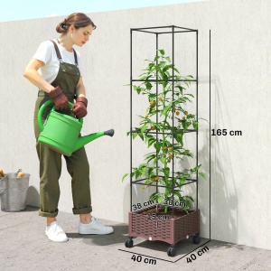Jardinieră Înălțată cu Spalier 20L, Pat de Grădină Înălțat pentru Exterior cu Roți Blocabile, Sistem de Autoirigare, Orificii de Drenaj pentru Plante Cățărătoare, Legume și Flori, Maro - Img 3