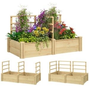 Jardinieră Înălțată din Lemn cu 3 Suporturi pentru Plante, 119x62,5x64 cm, Natural - Img 1