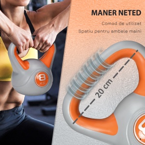 Kettlebell 8kg din PU si nisip cu baza plata si maner practic pentru deadlifting, genuflexiuni si lifting, 20x14x24 cm, portocaliu - Img 4