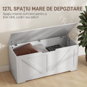 Ladă de Depozitare cu Balamale de Siguranță, Bancă Cutie de Depozitare, Ladă pentru Jucării, 100x40x45 cm, Alb - Img 4