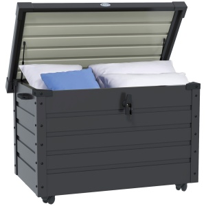 Ladă de Grădină de 295L cu Încuietoare, 2 Mânere și 4 Rotile, Mobilier Depozitare din Oțel, 100x62x65 cm, Gri - Img 1