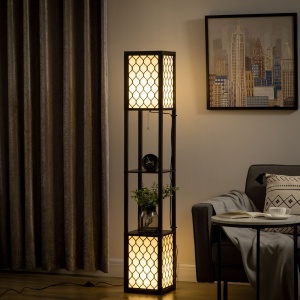 Lampa de podea coloana din MDF si plastic PP cu 2 rafturi, pentru camera de zi, studiu si dormitor, 26x26x156cm, alb si negru - Img 2