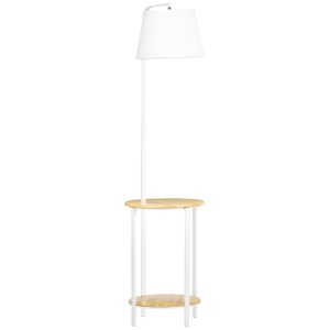 Lampa moderna de podea cu rafturi, cu masuta dubla din bambus, abajur din material textil, tonuri naturale - Img 1