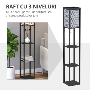 Lampă stand cu rafturi 3 niveluri, negru 26x26x160 cm, Iluminare caldă și rafturi pentru living sau birou - Img 4